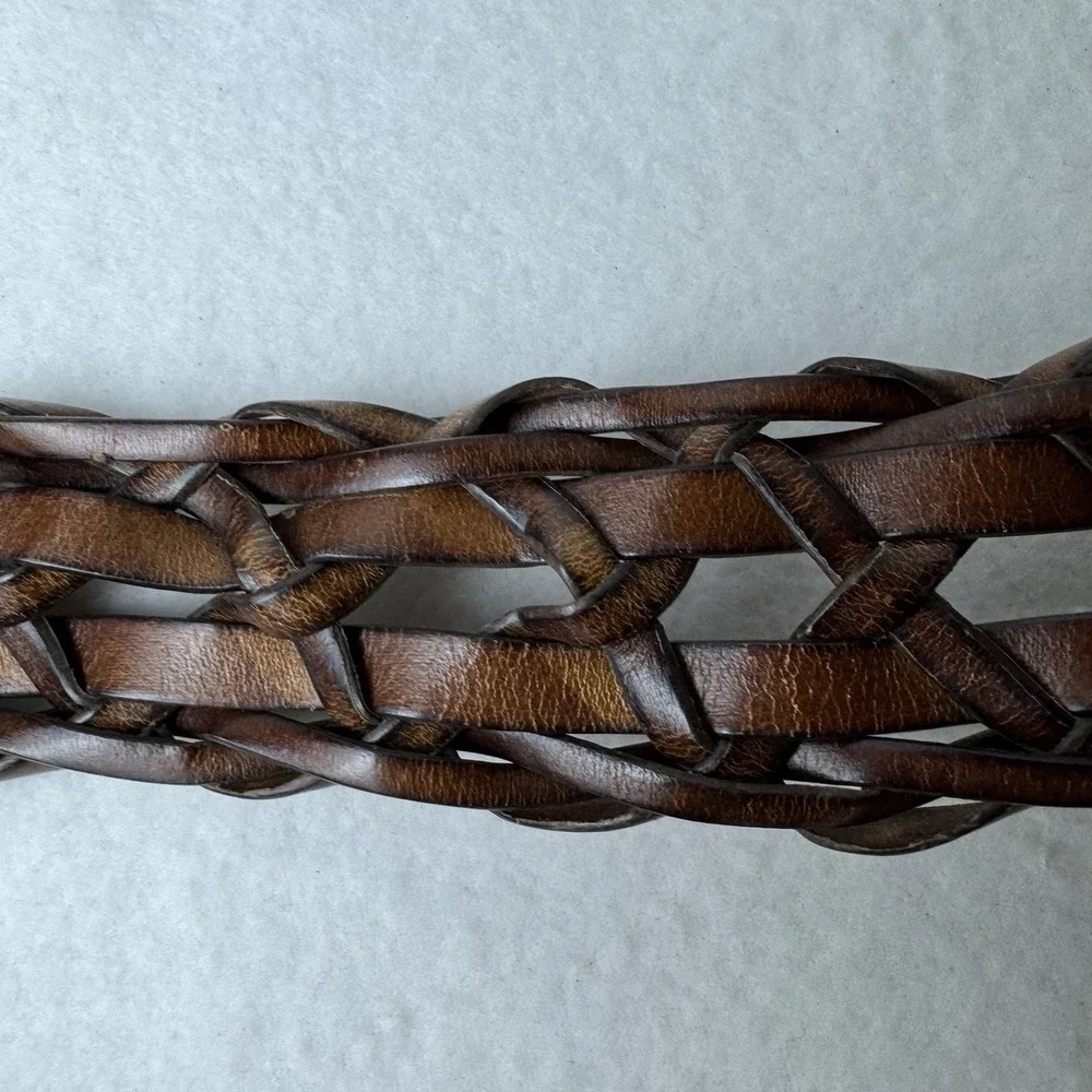 Vintage Faded Glory Woven Leather Belt 2X Silver Tine Buckle Brown Bohemian Y2K